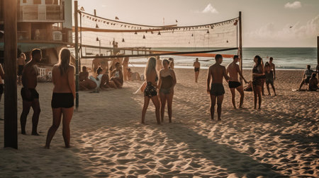 A group of people playing beach volleyball created with Generative AIの素材
