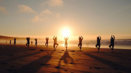 A group of people doing yoga on the beach at sunrise created with Generative AIの素材