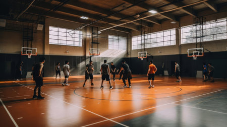 A group of people playing pickup basketball in a gym created with Generative AIの素材