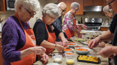 A group of seniors attending a cooking demonstration and sampling delicious dishes created with Generative AIの素材