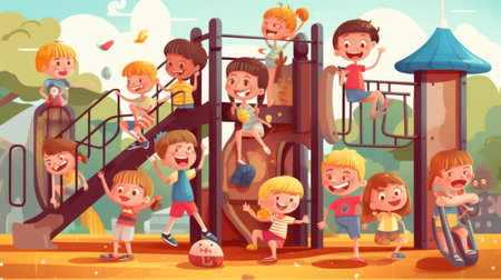 A group of smiling children playing in a colorful playground with slides and swings created with Generative AIの素材