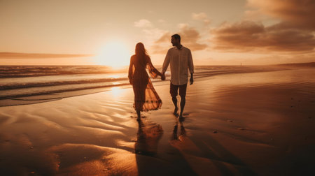A happy couple holding hands and walking on a sandy beach at sunset created with Generative AIの素材