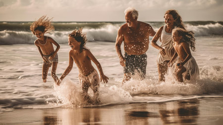A happy family enjoying a day at the beach and playing in the surf created with Generative AIの素材