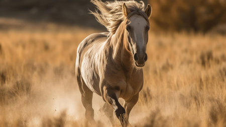 A horse gallops through a field its mane flying in the wind created with Generative AIの素材