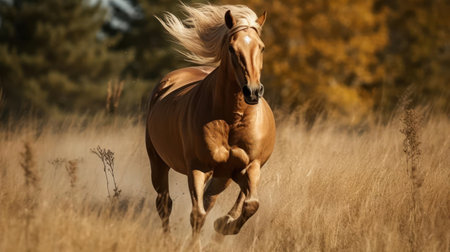 A horse gallops through a field its mane flying in the wind created with Generative AIの素材