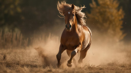 A horse gallops through a field its mane flying in the wind created with Generative AIの素材