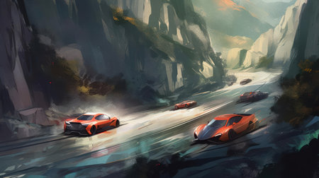 An illustration about a thrilling race between sleek sports cars on a winding mountain roa created with Generative AIの素材