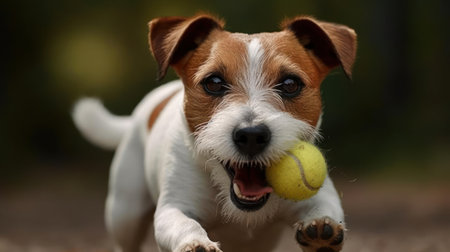 A Jack Russell terrier playing with a tennis ball created with Generative AIの素材