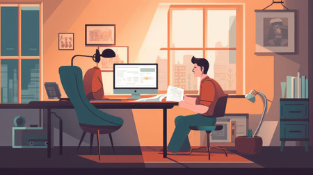 A journalist writing a breaking news story on a laptop from a comfortable home office armchair created with Generative AIの素材