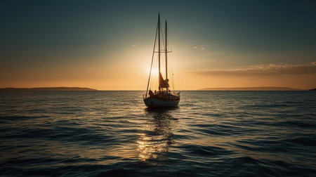 A lone sailboat on a calm blue ocean with the sun setting in the background created with Generative AIの素材