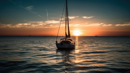A lone sailboat on a calm blue ocean with the sun setting in the background created with Generative AIの素材