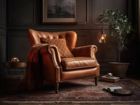 A luxurious leather armchair in a cozy living room created with Generative AIの素材