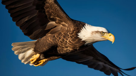 A majestic bald eagle soaring through a clear blue sky with wings spread wide created with Generative AIの素材