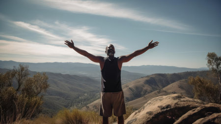 A man stands tall in mountain pose his arms stretched out to either side created with Generative AIの素材