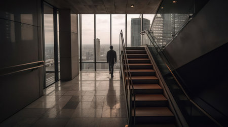 A man walking up a flight of stairs in a high-rise building created with Generative AIの素材