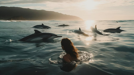 A man swimming in the ocean with dolphins created with Generative AIの素材