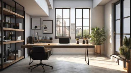 A minimalist workspace with plenty of natural light and a focus on productivity created with Generative AIの素材
