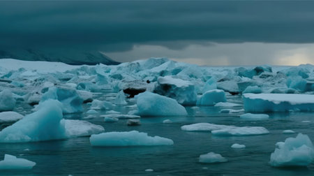 A mass of icebergs floating in a glacial lagoon creating a magnificent scene created with Generative AIの素材