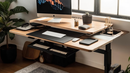 A modern standing desk with a comfortable mat and desk accessories for increased productivity created with Generative AIの素材