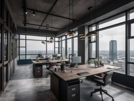 A modern, well-designed workspace with a skyline view created with Generative AIの素材