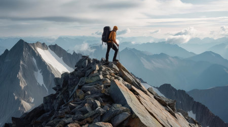 A mountain climber reaching the summit of a peak created with Generative AIの素材