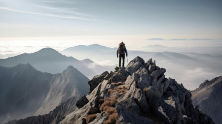 A mountain climber reaching the summit of a peak created with Generative AIの素材