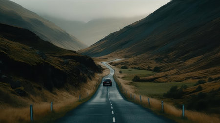 A moving shot of a car driving on a winding road through hills created with Generative AIの素材