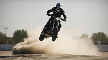 A motorcycle stunt rider doing tricks on a course created with Generative AIの素材
