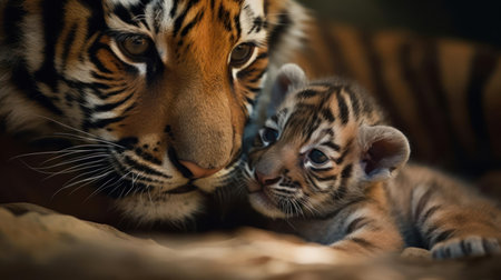 A newborn animal being tenderly cared for by its mother created with Generative AIの素材