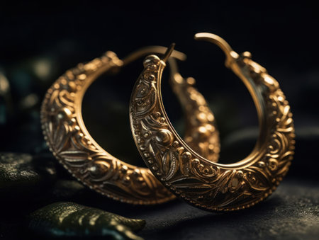 A pair of intricately designed gold hoop earrings created with Generative AIの素材