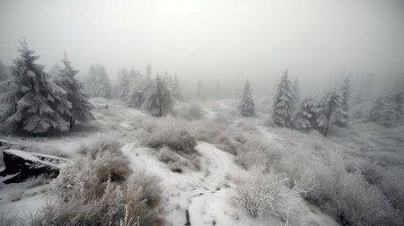 A moving shot of a snow-covered landscape trees passing by created with Generative AIの素材
