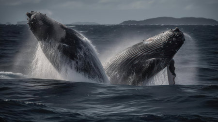 A pair of impressive humpback whales breaching the surface of an ocean created with Generative AIの素材
