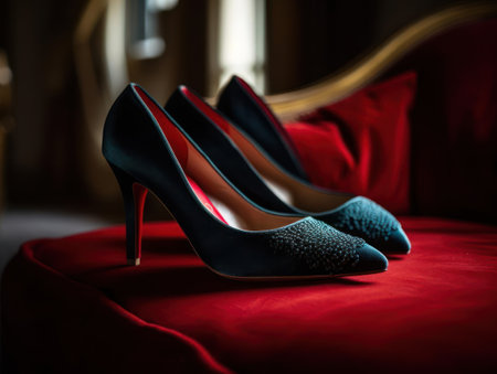 A pair of red-soled Louboutin high heels on a plush velvet cushion created with Generative AIの素材