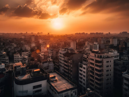 A panoramic view of a cityscape during sunset created with Generative AIの素材