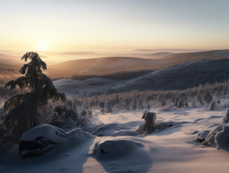 A panoramic view of a snow-covered landscape at dawn created with Generative AIの素材