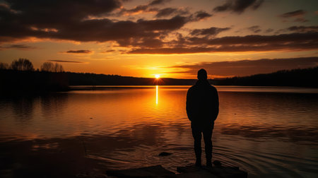 A person admiring a beautiful sunset over the lake created with Generative AIの素材