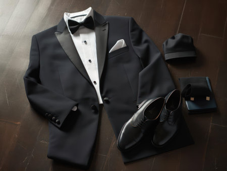 A perfectly tailored tuxedo paired with shiny black dress shoes created with Generative AIの素材