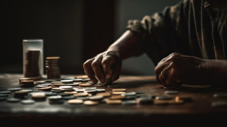 A person counting coins on a table created with Generative AIの素材