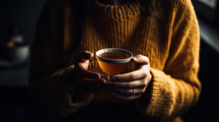 A person holding a cup of tea focusing on each sip mindfully created with Generative AIの素材