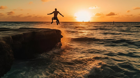 A person jumping into the ocean during sunset created with Generative AIの素材