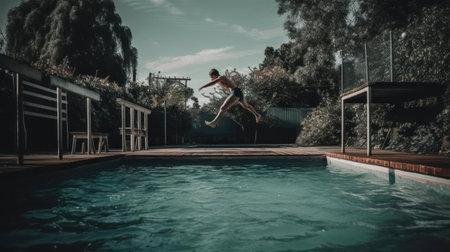 A person jumping off a diving board into a swimming pool created with Generative AIの素材