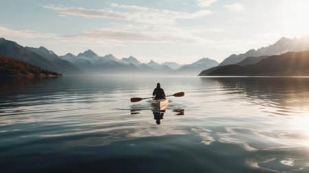 A person kayaking on a calm lake with mountains in the distance created with Generative AIの素材