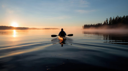 A person kayaking through calm glassy water in the early morning created with Generative AIの素材