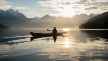 A person kayaking on a calm lake with mountains in the distance created with Generative AIの素材