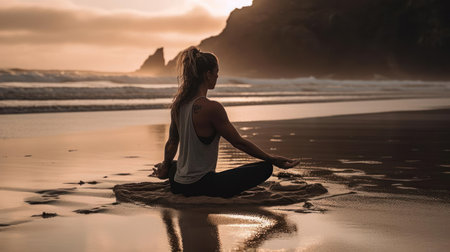 A person practicing yoga on a beach feeling the sand on their toes and the sound of the waves created with Generative AIの素材