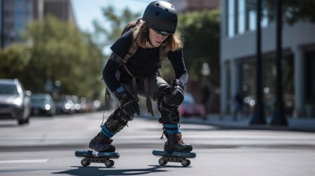 A person rollerblades down a sidewalk weaving in and out of obstacles with grace created with Generative AIの素材
