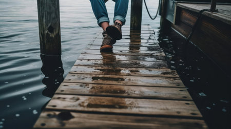 A person sitting on a dock with their feet in the water created with Generative AIの素材