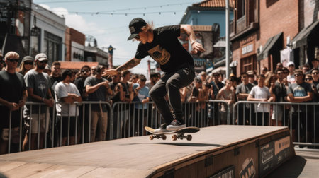 A person skateboards down a ramp performing tricks to impress onlookers created with Generative AIの素材
