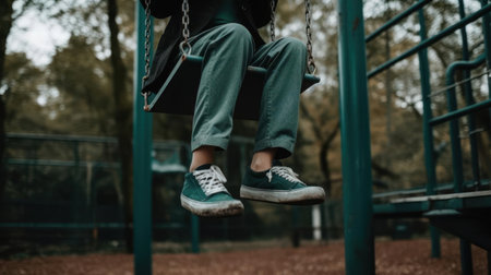 A person sits on a swing pumping their legs to take them higher and higher created with Generative AIの素材