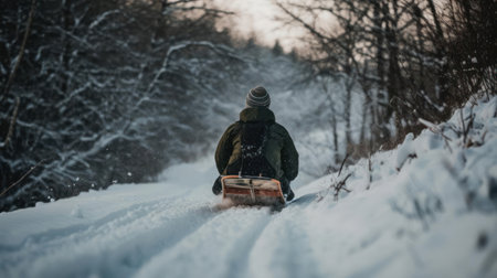 A person sledding down a snowy hill on a winter day created with Generative AIの素材